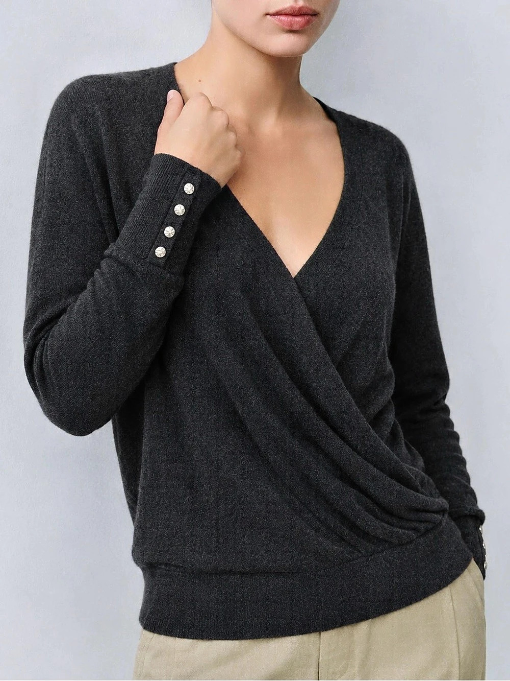 Chico's Graphite Heather Gray Cashmere-Blend Wrap Front Sweater Balletcore L